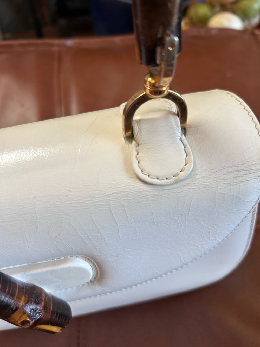 White Leather Bamboo-Handle Top-Handle Purse - Picture 7 of 13